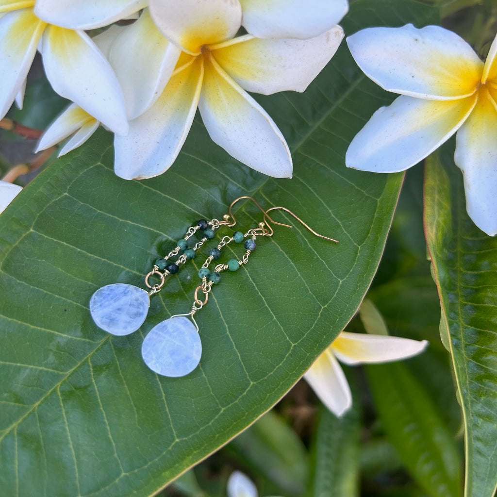Ruby Zoisite Gold Chain Moonstone Earrings