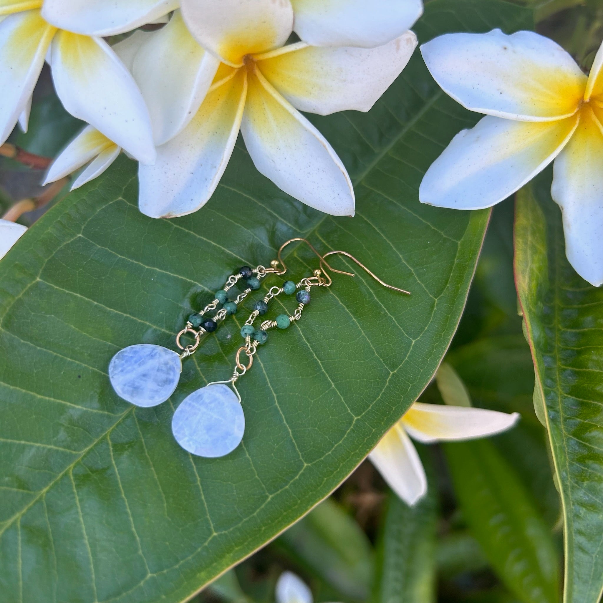 Ruby Zoisite Gold Chain Moonstone Earrings