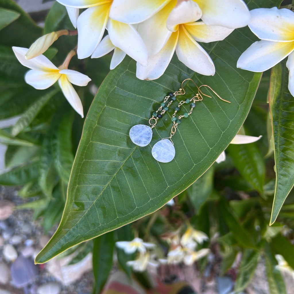 Ruby Zoisite Gold Chain Moonstone Earrings