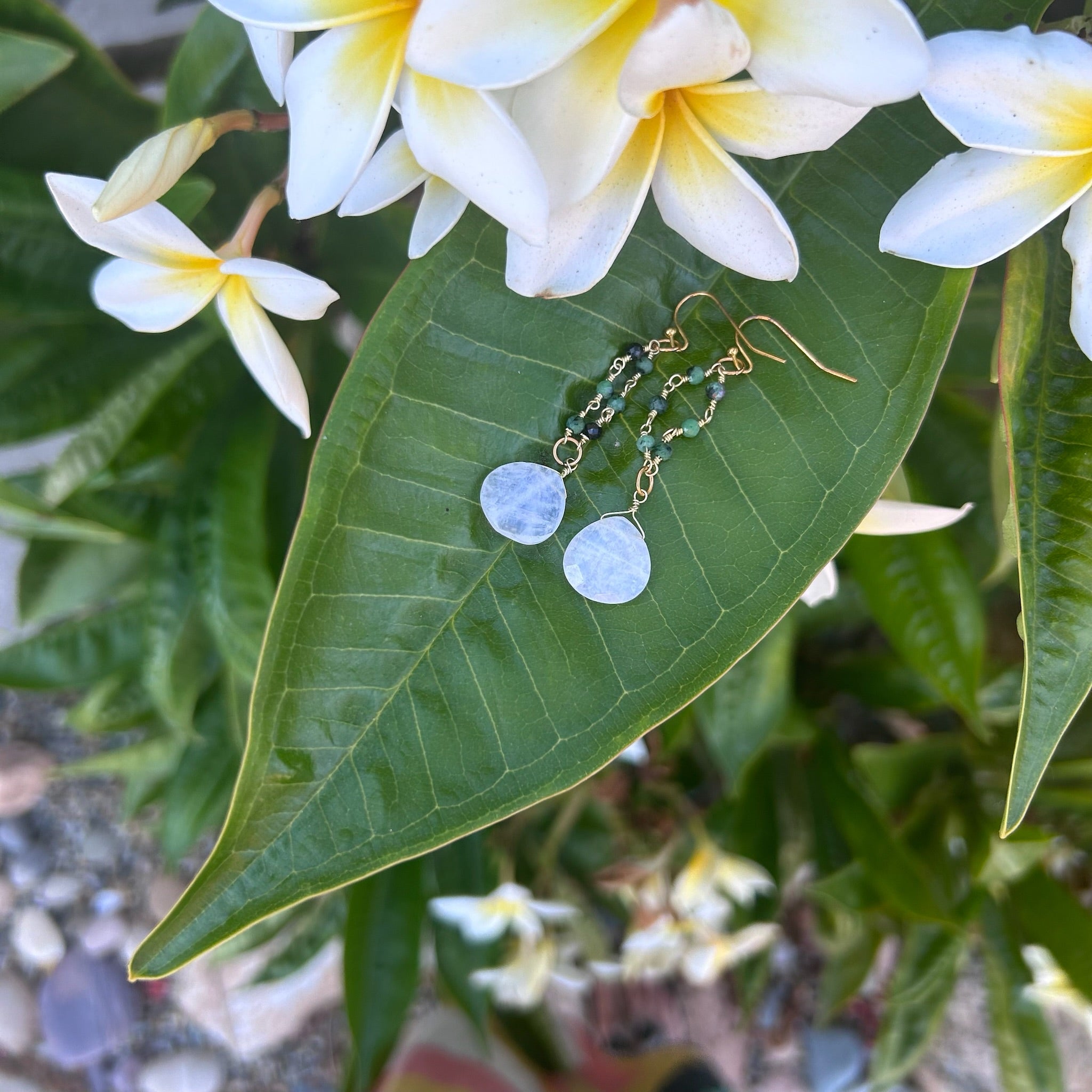Ruby Zoisite Gold Chain Moonstone Earrings