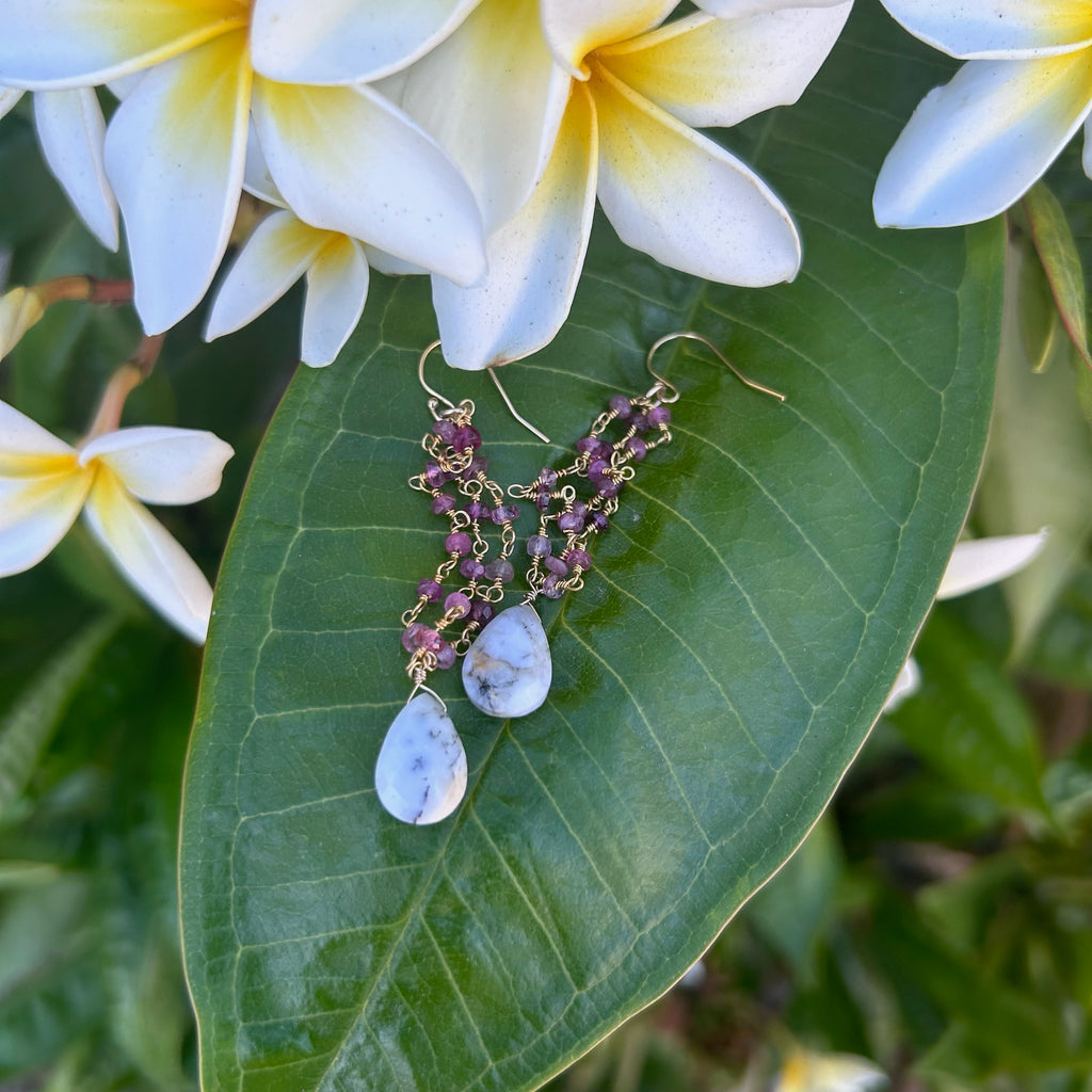Pink Tourmaline Gold Chain with Dendrite Opal Earrings