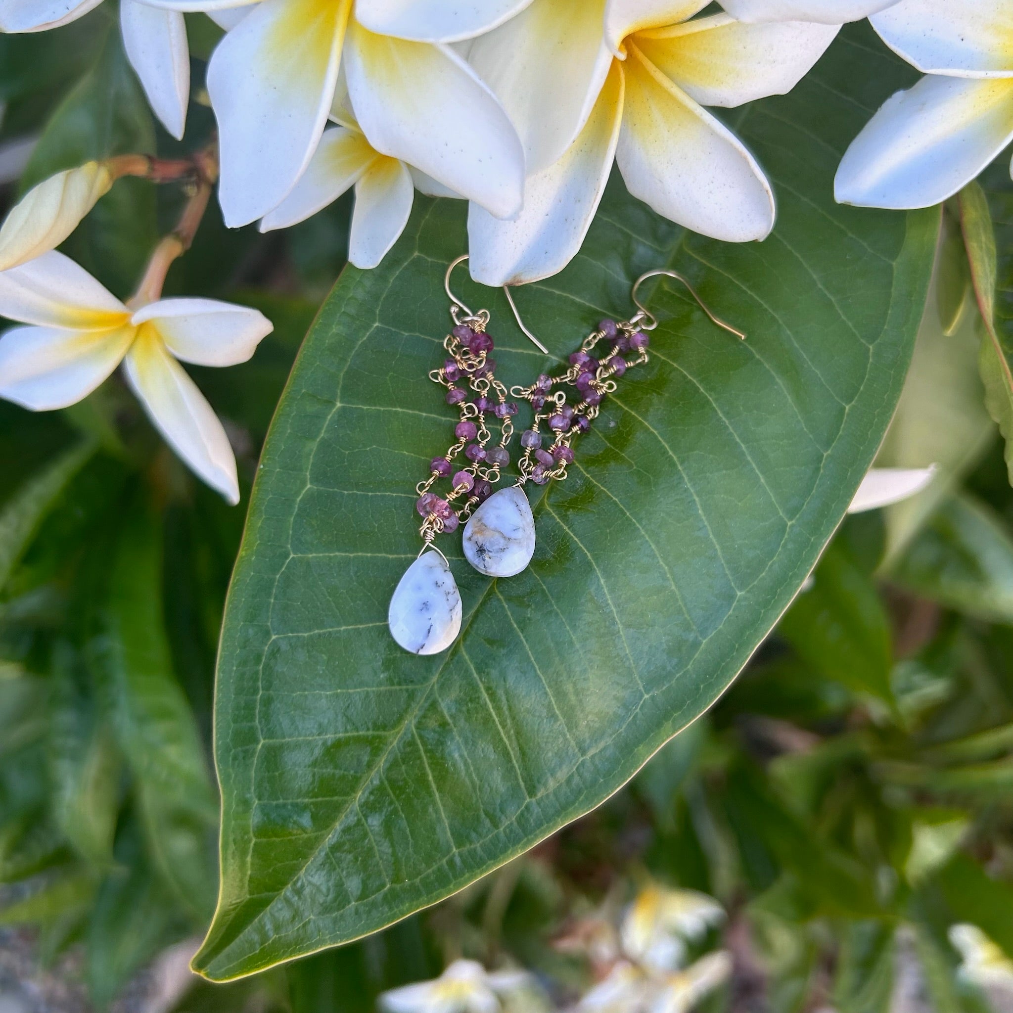 Pink Tourmaline Gold Chain with Dendrite Opal Earrings