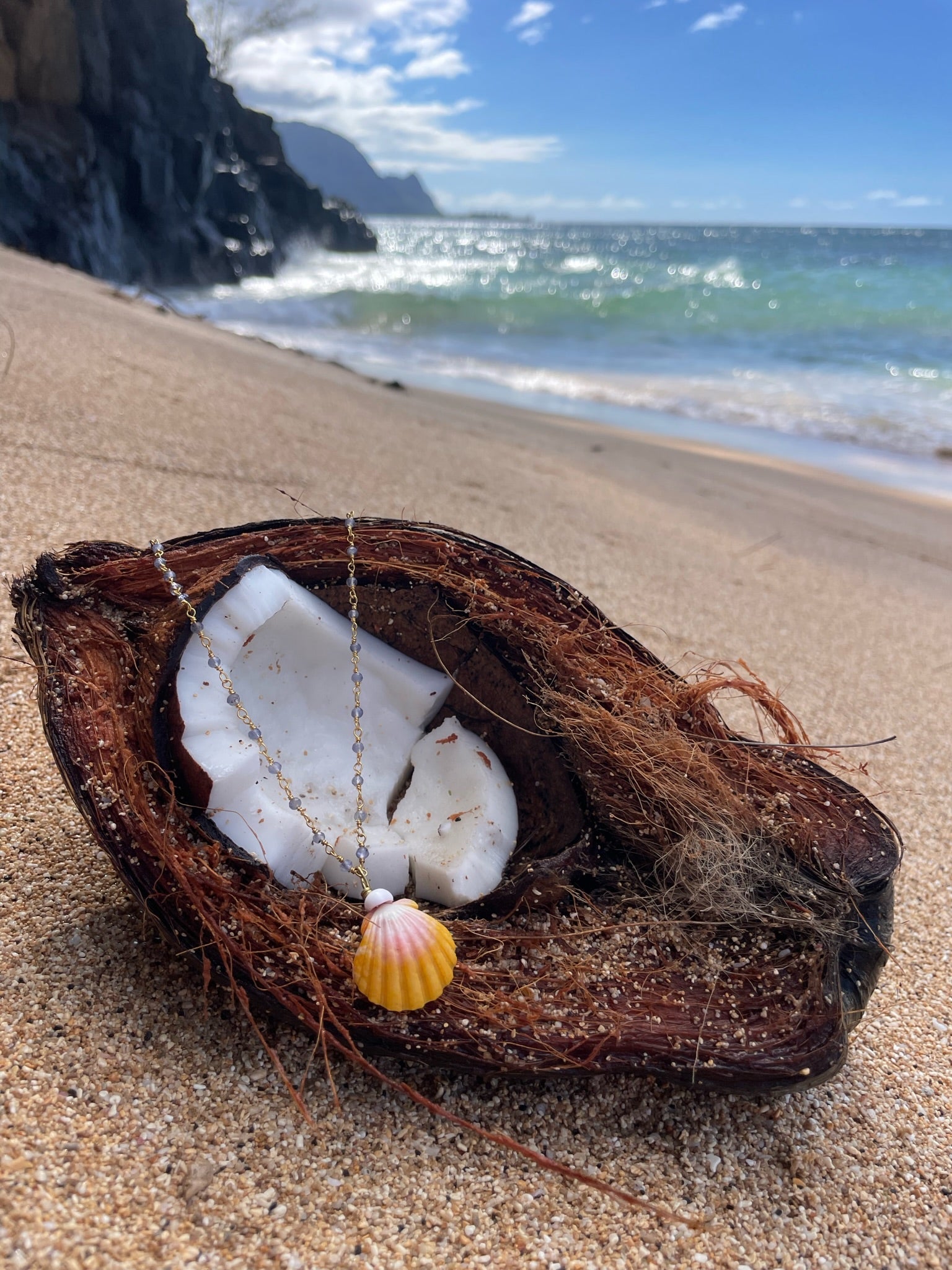 Iolite Gold Chain Sunrise Shell Necklace
