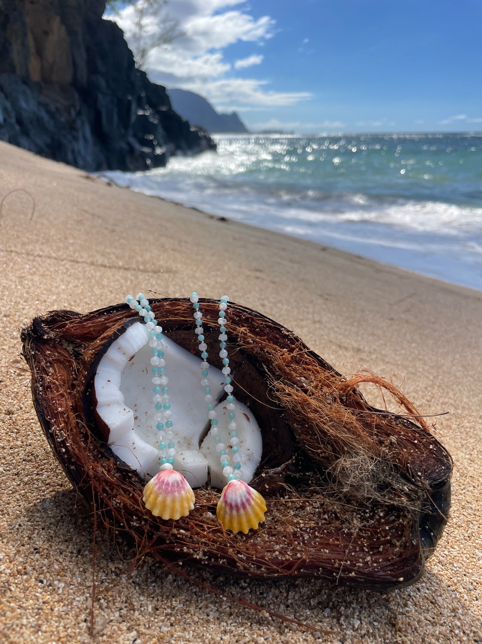 Matching Mommy & Me Moontstone, Amazonite and Sunrise Shell Necklaces