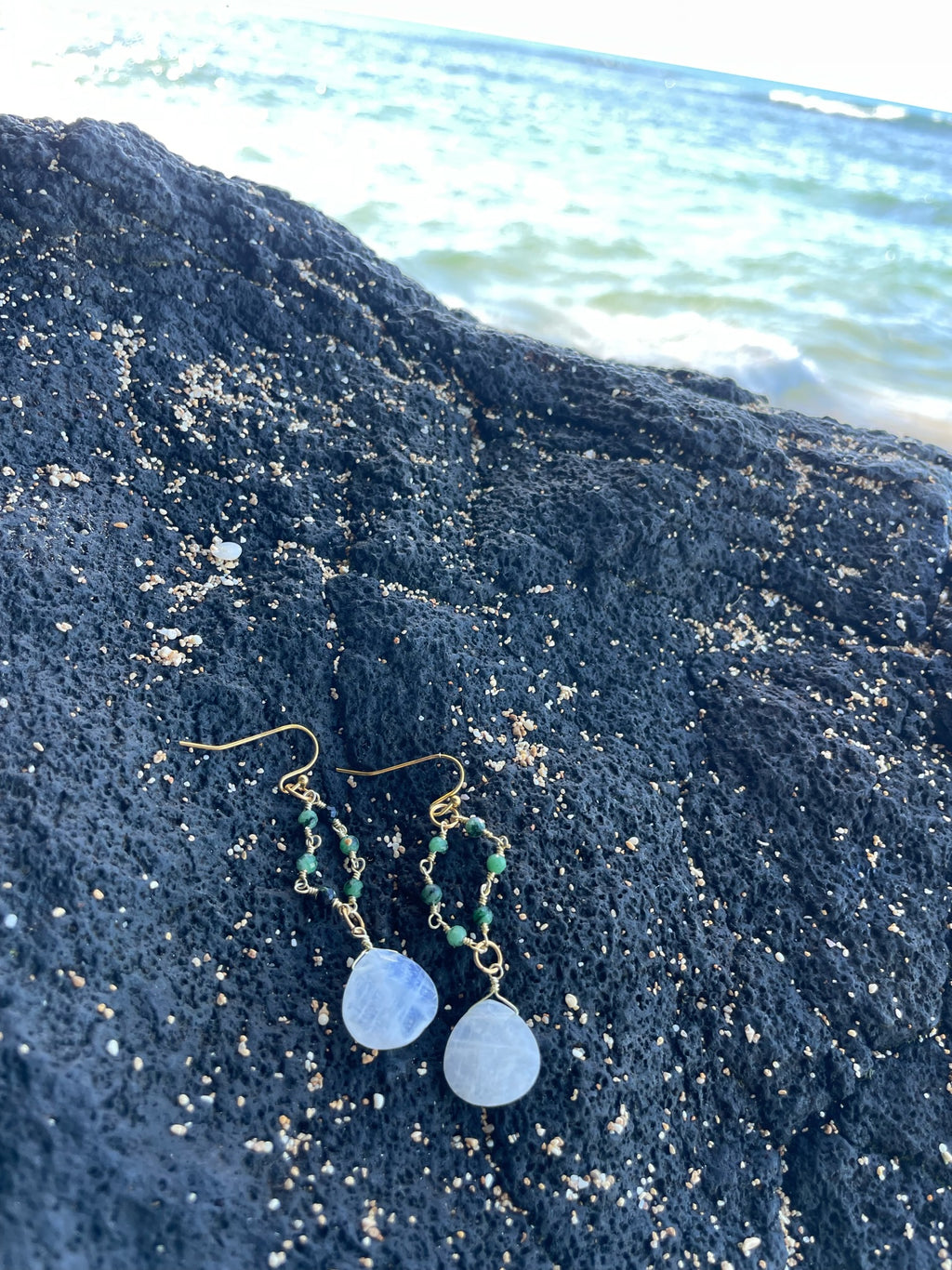 Ruby Zoisite Gold Chain Moonstone Earrings