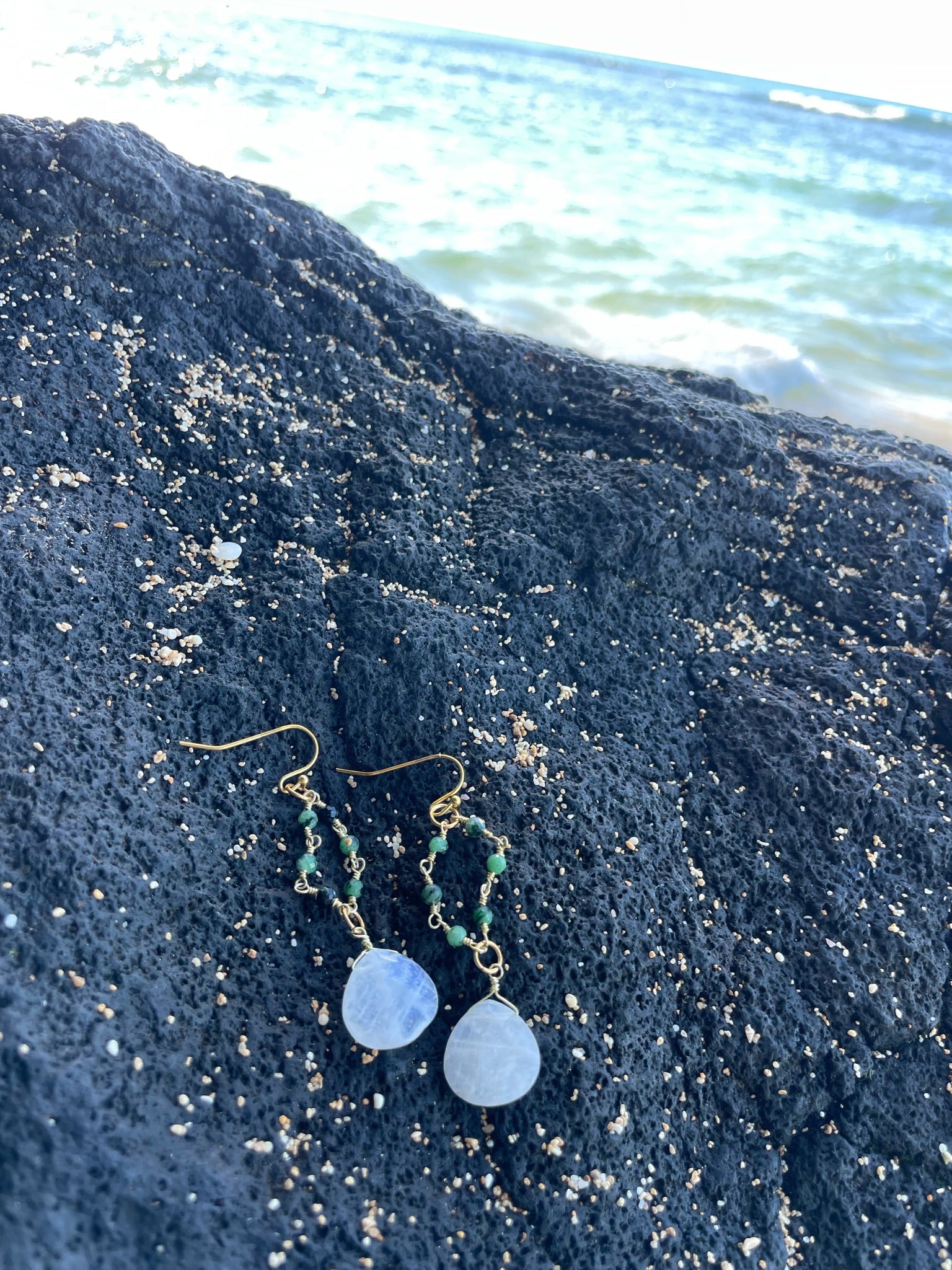 Ruby Zoisite Gold Chain Moonstone Earrings