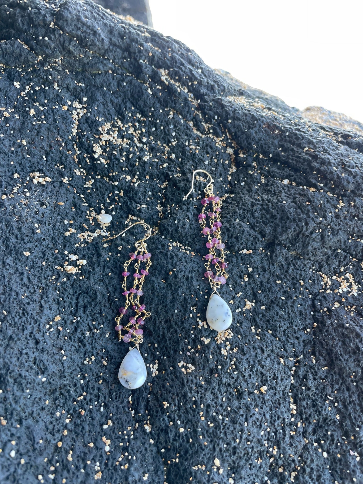 Pink Tourmaline Gold Chain with Dendrite Opal Earrings