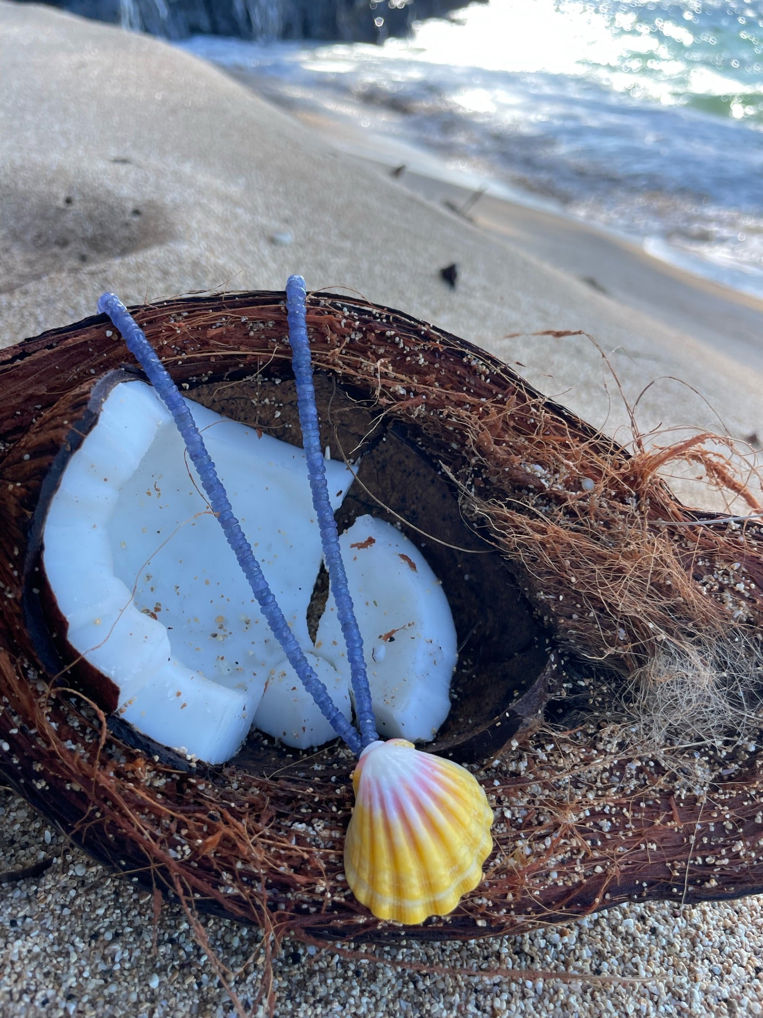 Tanzanite crystals with Pastel Sunrise Shell Necklace